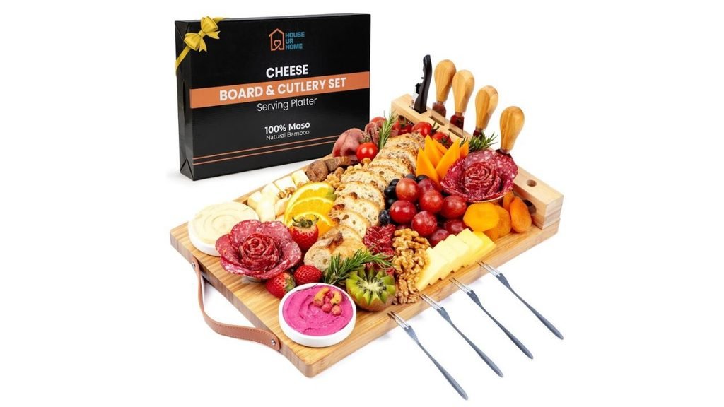 Bamboo Charcuterie Board Set with Leather Handles | Large Cheese Board with Knives & Bowls | Elegant Housewarming, Wedding & Birthday Gift for Couples