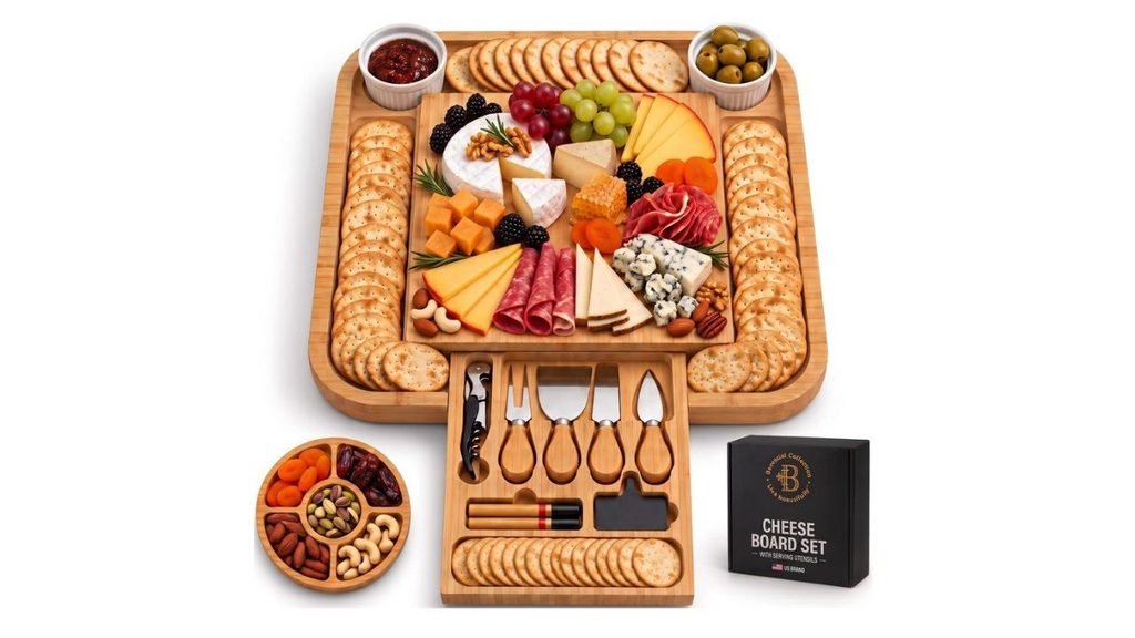Bambüsi Charcuterie Board Cheese Board Set with Accessories - Bamboo Wooden Serving Tray, Platter - House Warming Gifts New Home, Wedding, Bridal Shower, Anniversary, Housewarming, Birthday Gifts for Women