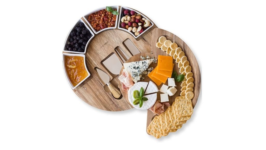 ChefSofi Charcuterie Board Set and Cheese Serving Platter - Made from Acacia Wood - US Patented 13 inch Cheese Board and Knife Set for Entertaining and Serving - 4 Knives and 4 Bowls