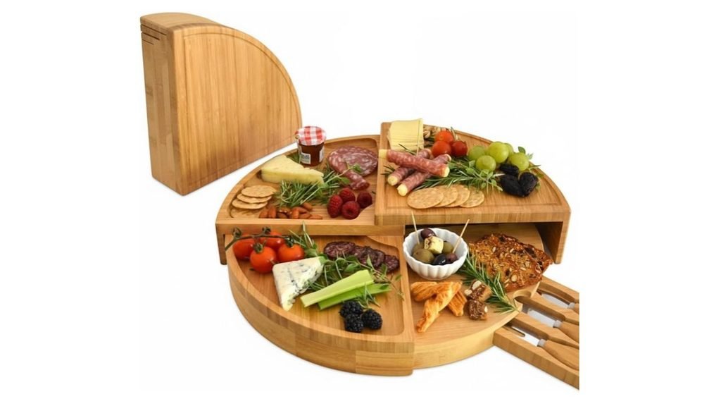 Picnic at Ascot Patented Bamboo Cheese/Charcuterie Board with Cheese Knife Set - Stores as a Compact Wedge - Opens to 18" Diameter - Designed & Quality Checked in USA