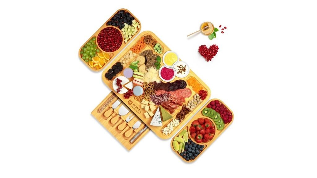 ROYAL CRAFT WOOD Bamboo Cheese Board and Knife Set with Charcuterie Board & Serving Tray with Appetizer Plates & Side Trays